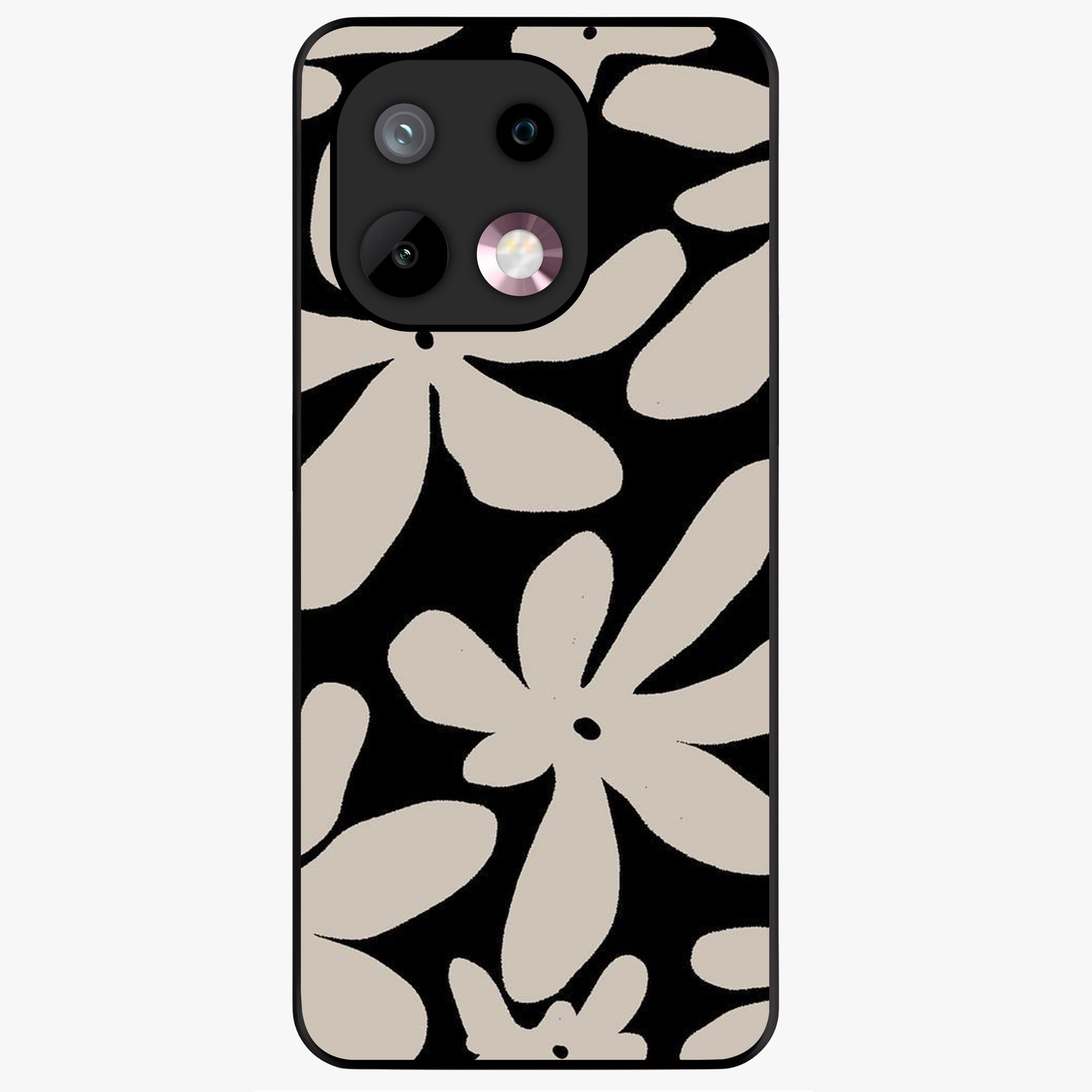 Monochrome Petal Dance Glass Case showing flat back view with monochrome floral artwork and glossy glass finish.