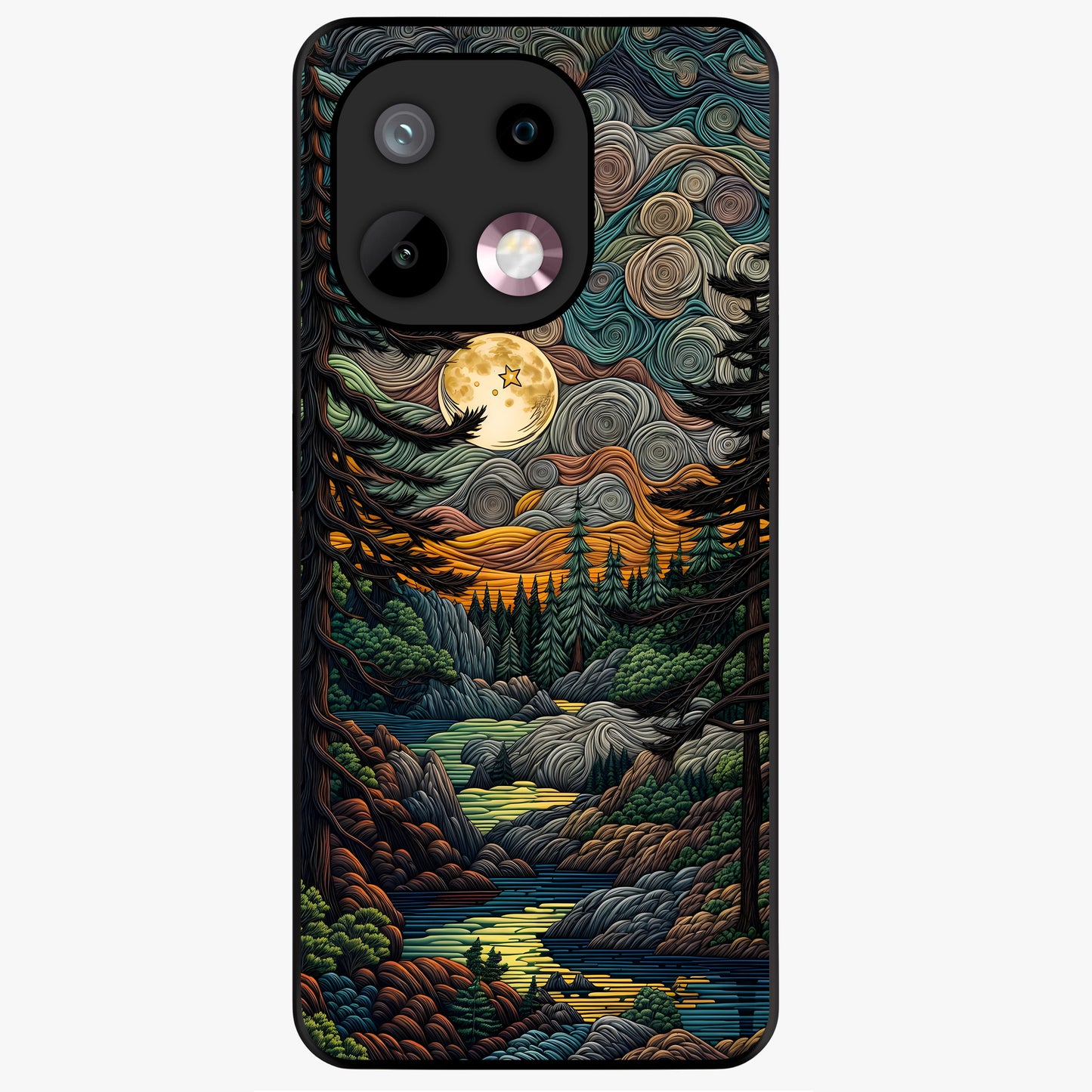 Moonlight Forest Dream Glass Case showing flat back view with mystical forest moonlight artwork and glossy glass finish.