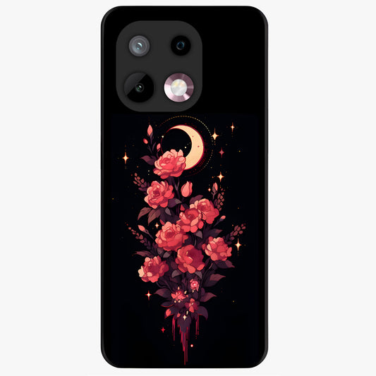 Moonlit Floral Elegance Glass Case showing flat back view with elegant floral artwork under moonlit tones and glossy glass finish.