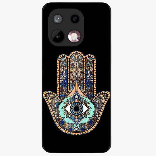 Mystic Hamsa Eye Glass Case showing flat back view with protective hamsa hand and evil eye artwork and glossy glass finish.