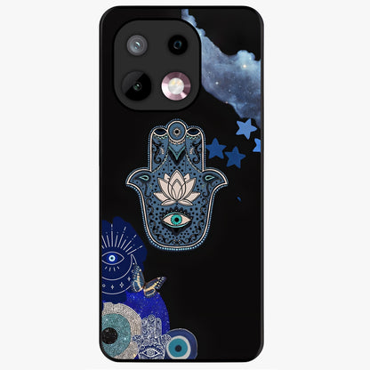 Mystic Hand Aura Glass Case showing flat back view with mystical hand symbol artwork and glossy glass finish.