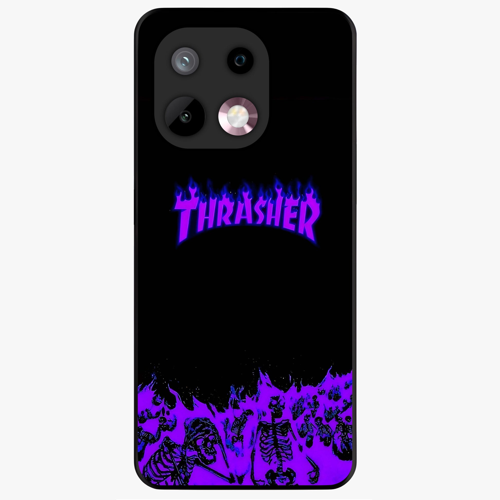 Neon Flame Riot Glass Case showing flat back view with neon flame artwork and glossy glass finish.
