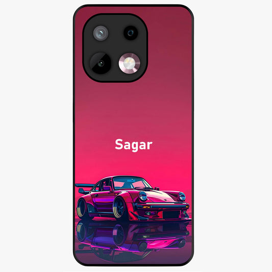 Neon Pink Porsche Glass Case showing flat back view with stylish sports car artwork and glossy glass finish.