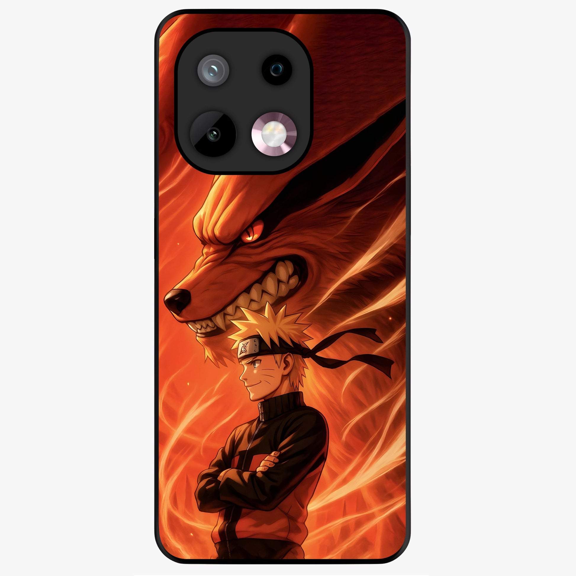 Nine Tails Legacy Glass Case showing flat back view with powerful nine-tailed fox inspired artwork and glossy glass finish.