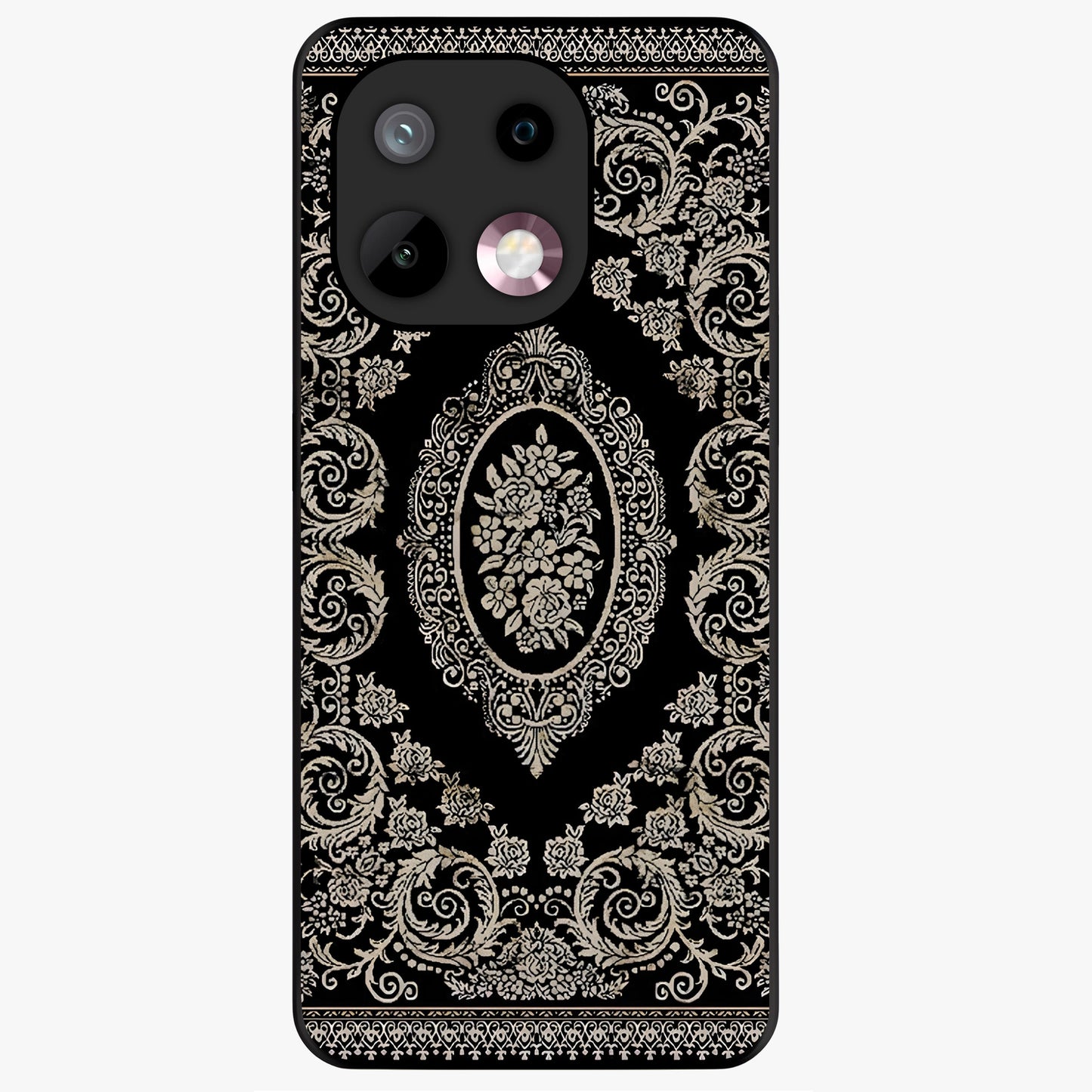 Noir Bloom Elegance Glass Case showing flat back view with elegant dark floral artwork and glossy glass finish.