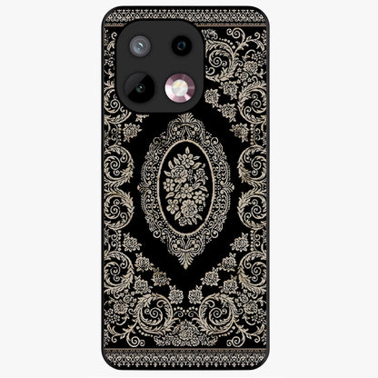 Noir Bloom Elegance Glass Case showing flat back view with elegant dark floral artwork and glossy glass finish.