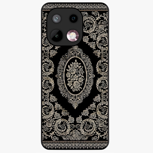 Noir Bloom Elegance Glass Case showing flat back view with elegant dark floral artwork and glossy glass finish.