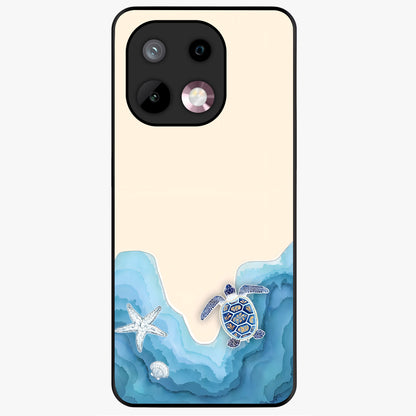 Ocean Drift Turtle Glass Case showing flat back view with sea turtle artwork and glossy glass finish.