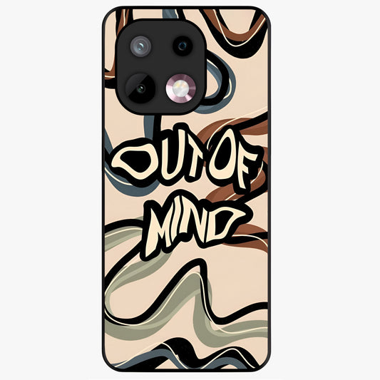 Out Of Mind Glass Case showing flat back view with expressive typography artwork and glossy glass finish.