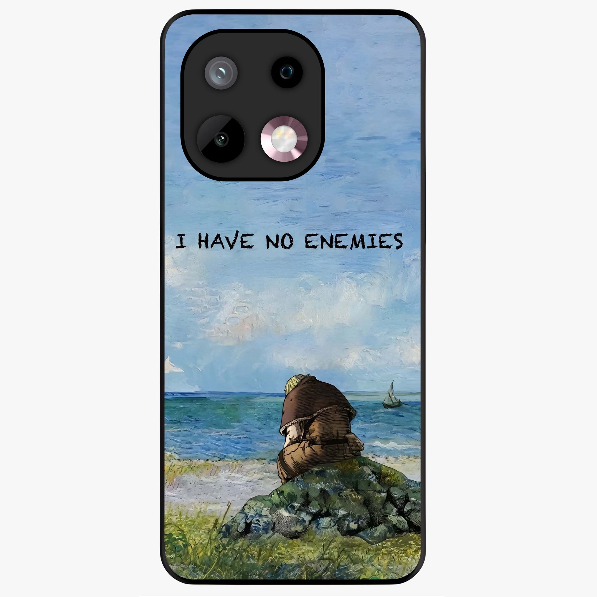 Peace Beyond War Glass Case showing flat back view with symbolic peace themed artwork and glossy glass finish.