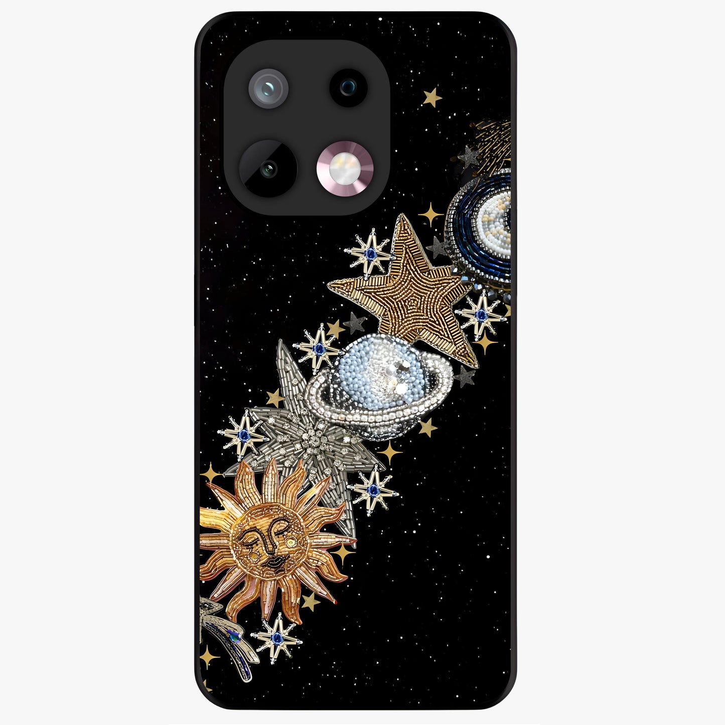 Pearls Universe Object Glass Case showing flat back view with pearl inspired cosmic artwork and glossy glass finish.