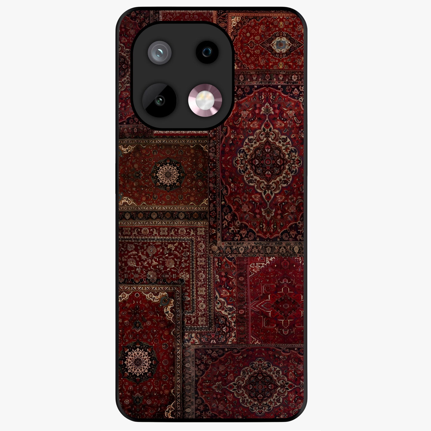 Persian Velvet Tale Glass Case showing flat back view with luxurious Persian velvet pattern artwork and glossy glass finish.