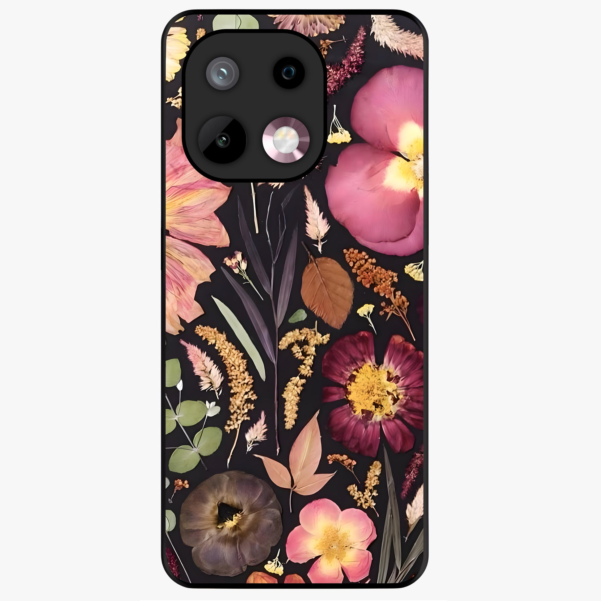 Petal Dream Tapestry Glass Case showing flat back view with intricate floral tapestry artwork and glossy glass finish.