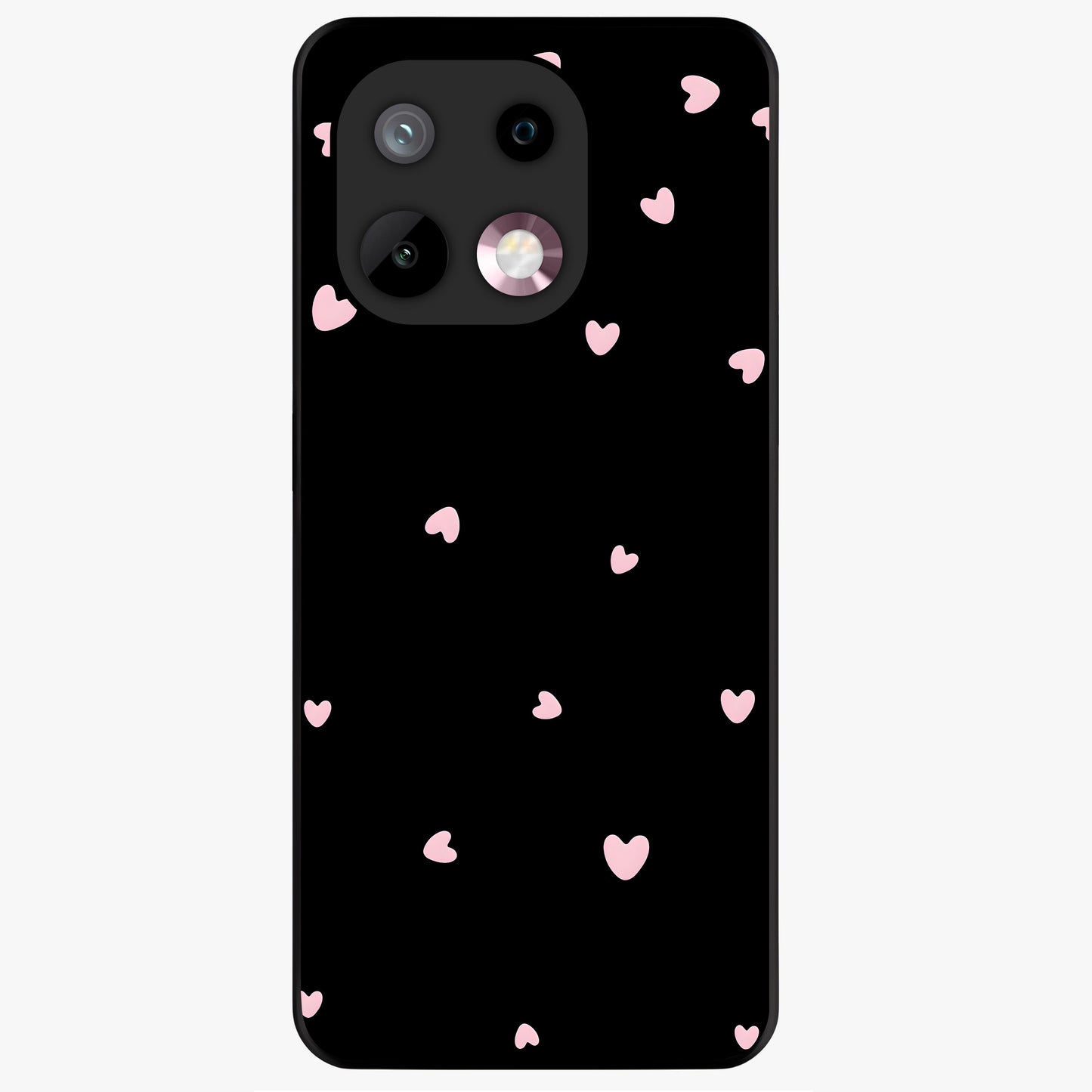 Pink Love Drops Glass Case showing flat back view with playful pink heart drops artwork and glossy glass finish.