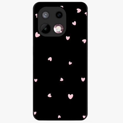 Pink Love Drops Glass Case showing flat back view with playful pink heart drops artwork and glossy glass finish.