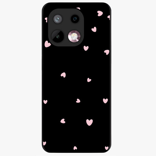 Pink Love Drops Glass Case showing flat back view with playful pink heart drops artwork and glossy glass finish.