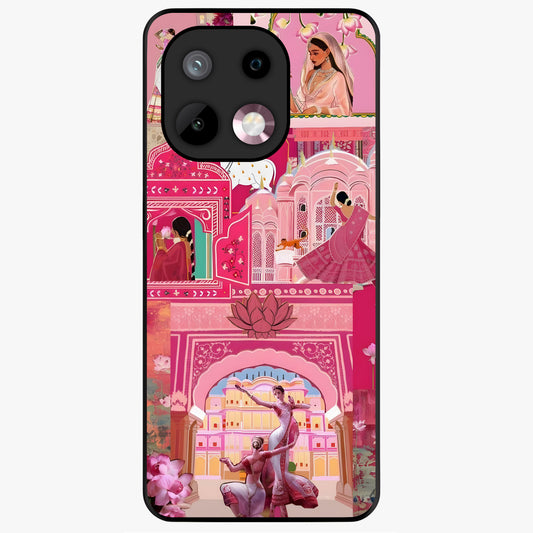 Pink Palace Muse Glass Case showing flat back view with elegant palace inspired artwork and glossy glass finish.