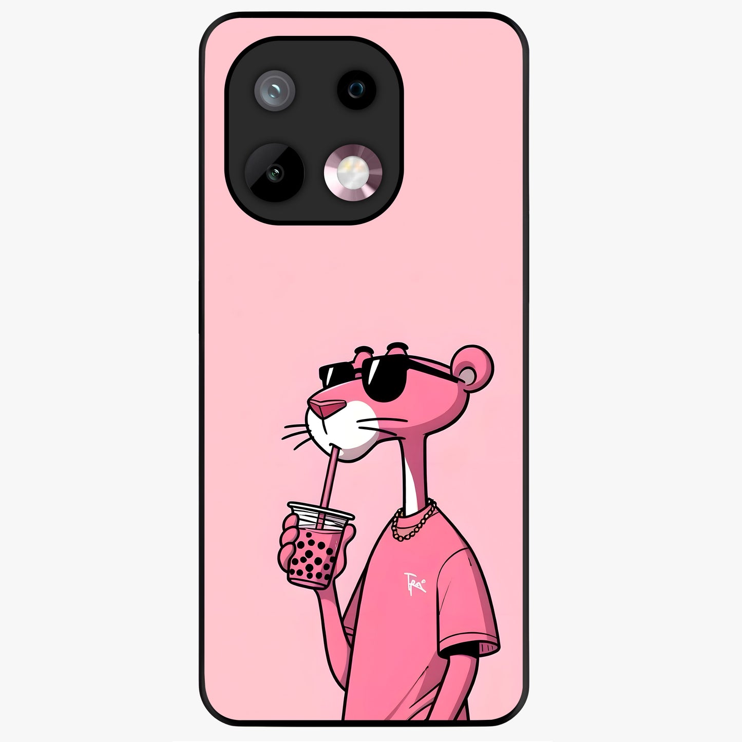 Pink Panther Glass Case showing flat back view with iconic pink panther artwork and glossy glass finish.