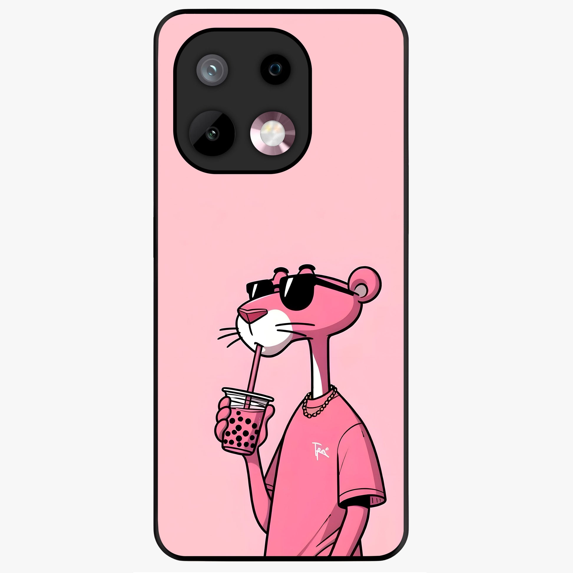 Pink Panther Glass Case showing flat back view with iconic pink panther artwork and glossy glass finish.