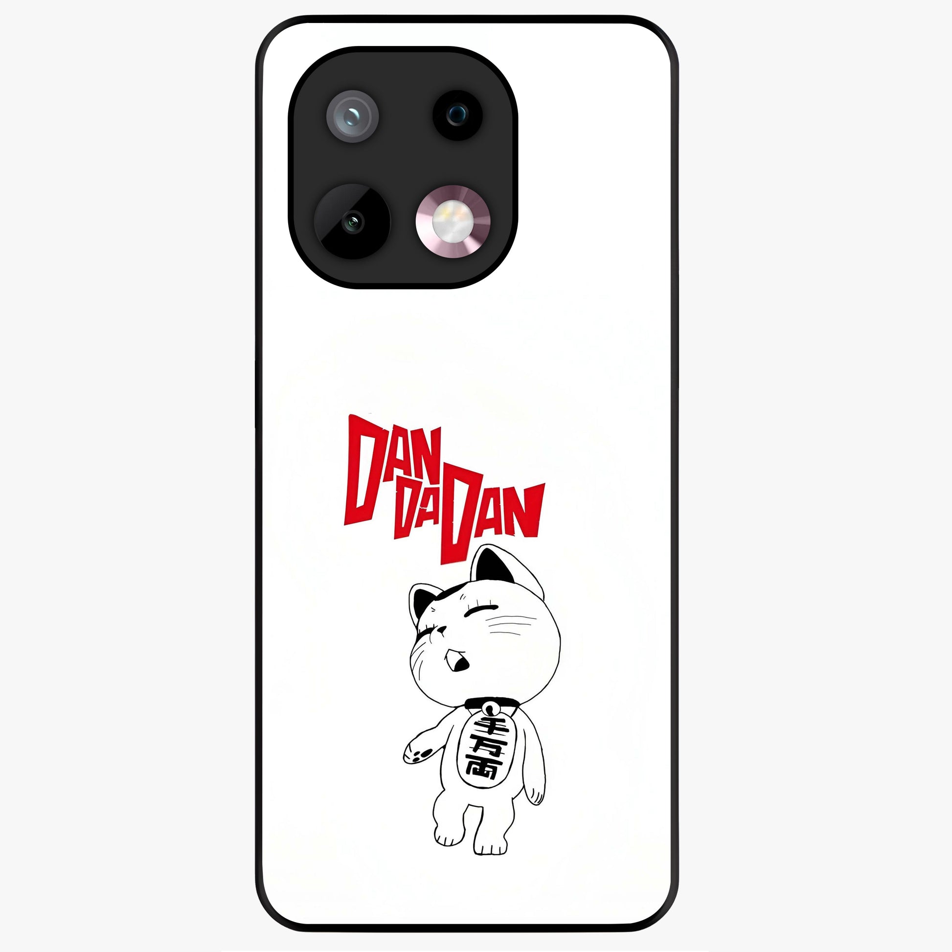 Playful Spirit Charm Glass Case showing flat back view with cheerful charm themed artwork and glossy glass finish.