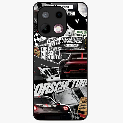 Porsche Racing Collage Glass Case showing flat back view with sports car racing collage artwork and glossy glass finish.