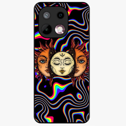 Psychedelic Sun Glass Case showing flat back view with colorful psychedelic sun artwork and glossy glass finish.