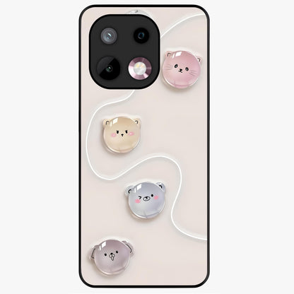Puffy Face Parade Glass Case showing flat back view with cute puffy character faces artwork and glossy glass finish.