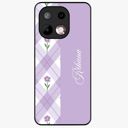 Purple Diamond Floral Glass Case showing flat back view with diamond shaped floral artwork and glossy glass finish.