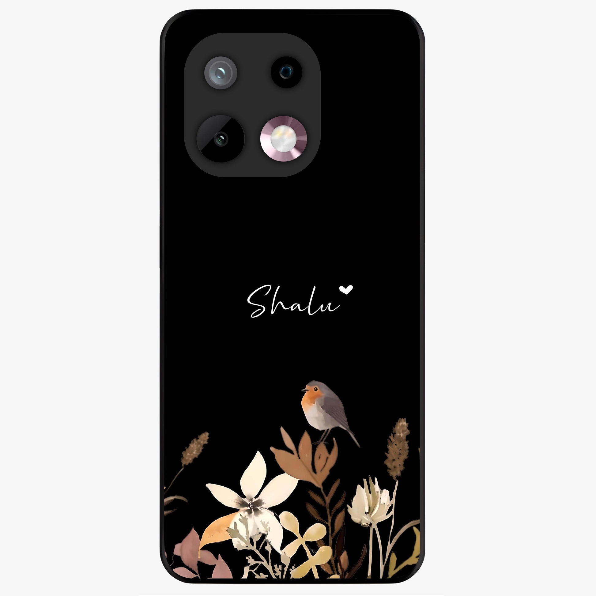 Quiet Garden Tune Custom Name Glass Case showing flat back view with peaceful garden artwork and personalized name design.