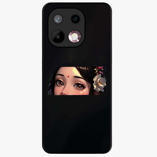 Radha Divine Embrace Glass Case showing flat back view with devotional Radha artwork and glossy glass finish.
