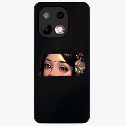 Radha Divine Embrace Glass Case showing flat back view with devotional Radha artwork and glossy glass finish.