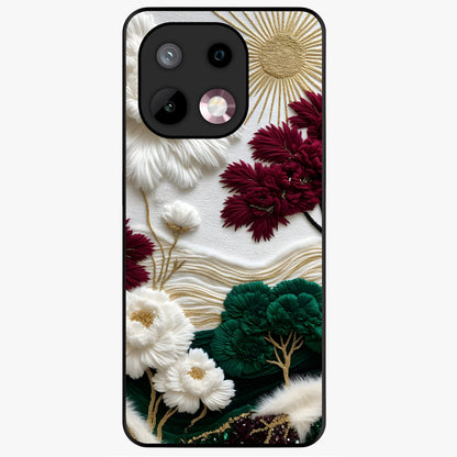 Radiant Bloom Elegance Glass Case showing flat back view with elegant blooming flower artwork and glossy glass finish.