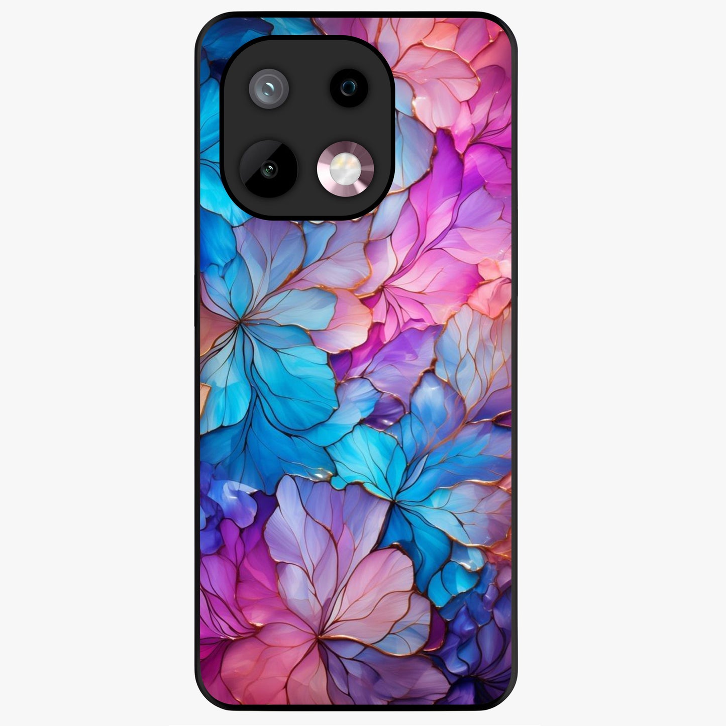 Radiant Floral Whirl Glass Case showing flat back view with swirling floral artwork and glossy glass finish.