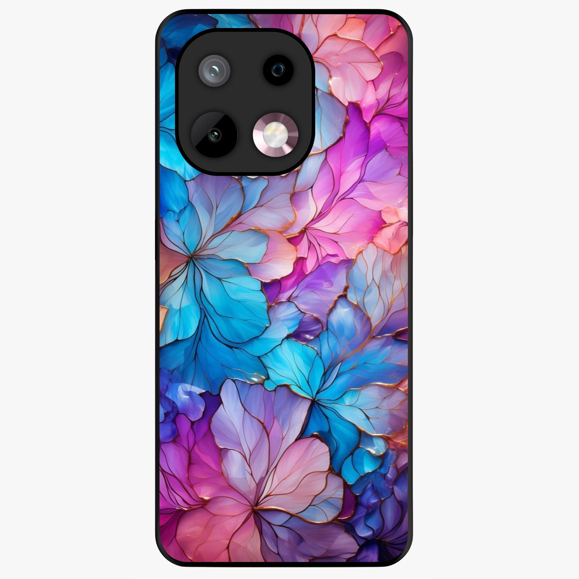 Radiant Floral Whirl Glass Case showing flat back view with swirling floral artwork and glossy glass finish.
