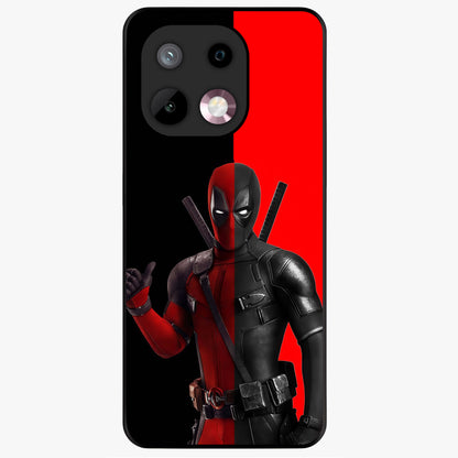 Red & Black Deadpool Theme Glass Case showing flat back view with bold comic inspired artwork and glossy glass finish.