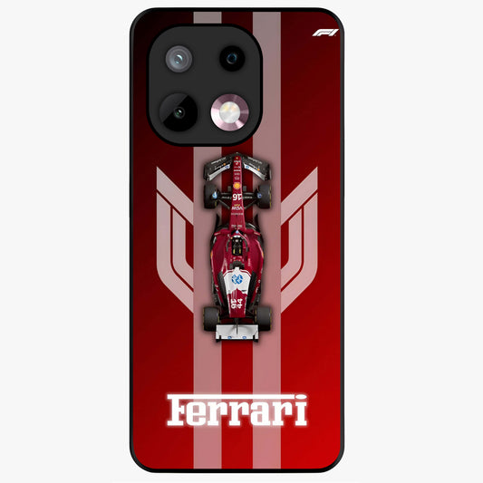 Red Ferrari F1 Vertical Glass Case showing flat back view with sleek Formula racing car artwork and glossy glass finish.