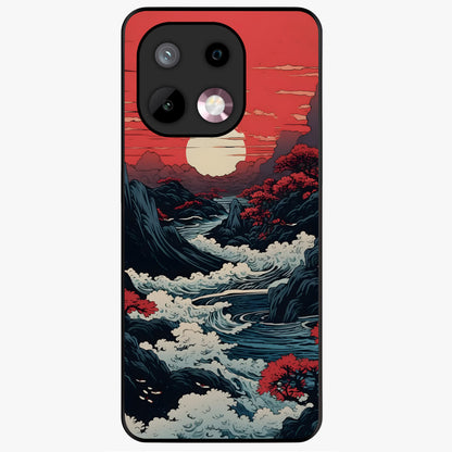Red Sunset Scenery Glass Case showing flat back view with vibrant sunset landscape artwork and glossy glass finish.