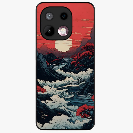Red Sunset Scenery Glass Case showing flat back view with vibrant sunset landscape artwork and glossy glass finish.