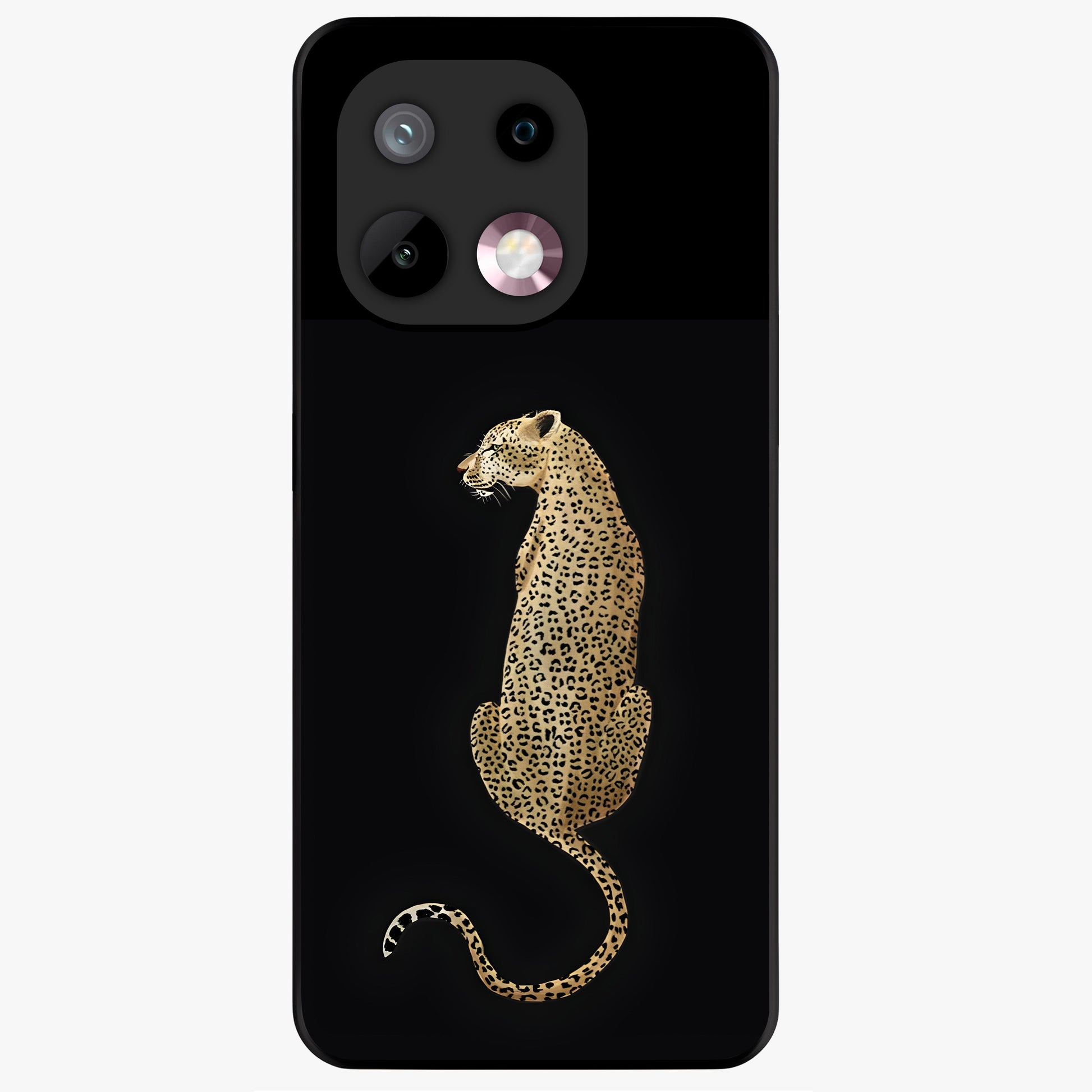 Regal Leopard Glass Case showing flat back view with bold leopard artwork and glossy glass finish.