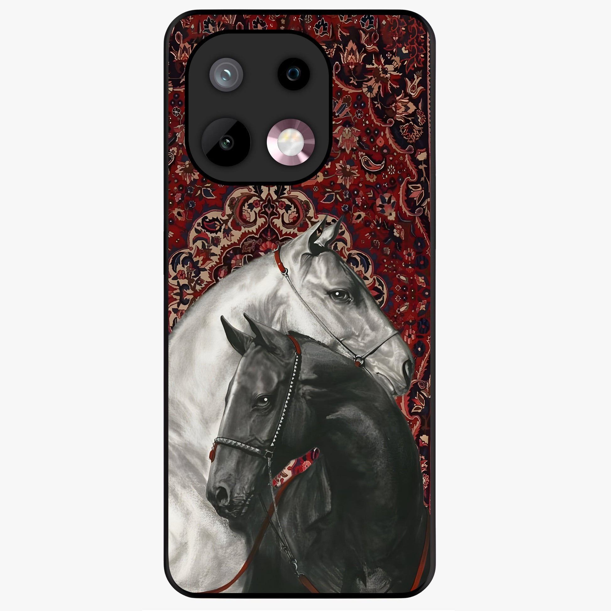 Regal Stallion Tapestry Glass Case showing flat back view with majestic horse tapestry artwork and glossy glass finish.
