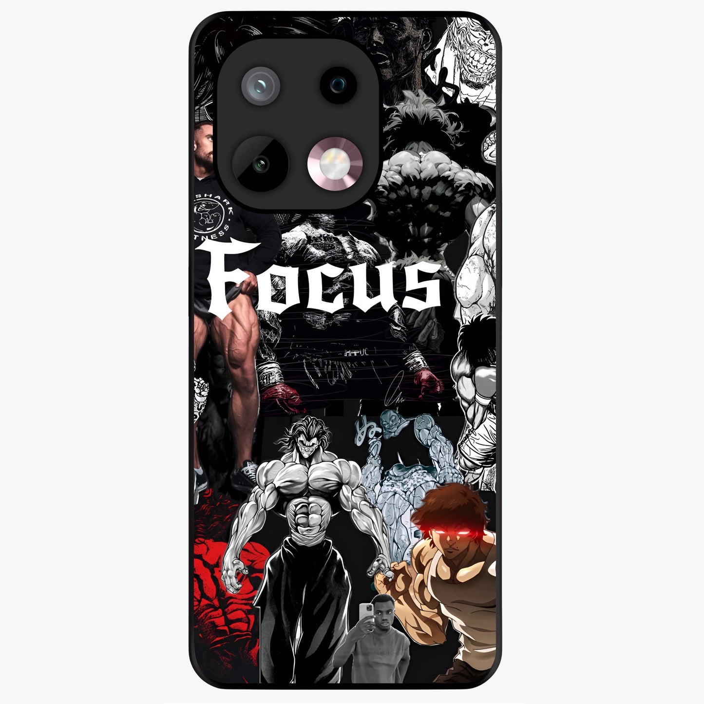 Relentless Power Focus Glass Case showing flat back view with motivational typography artwork and glossy glass finish.