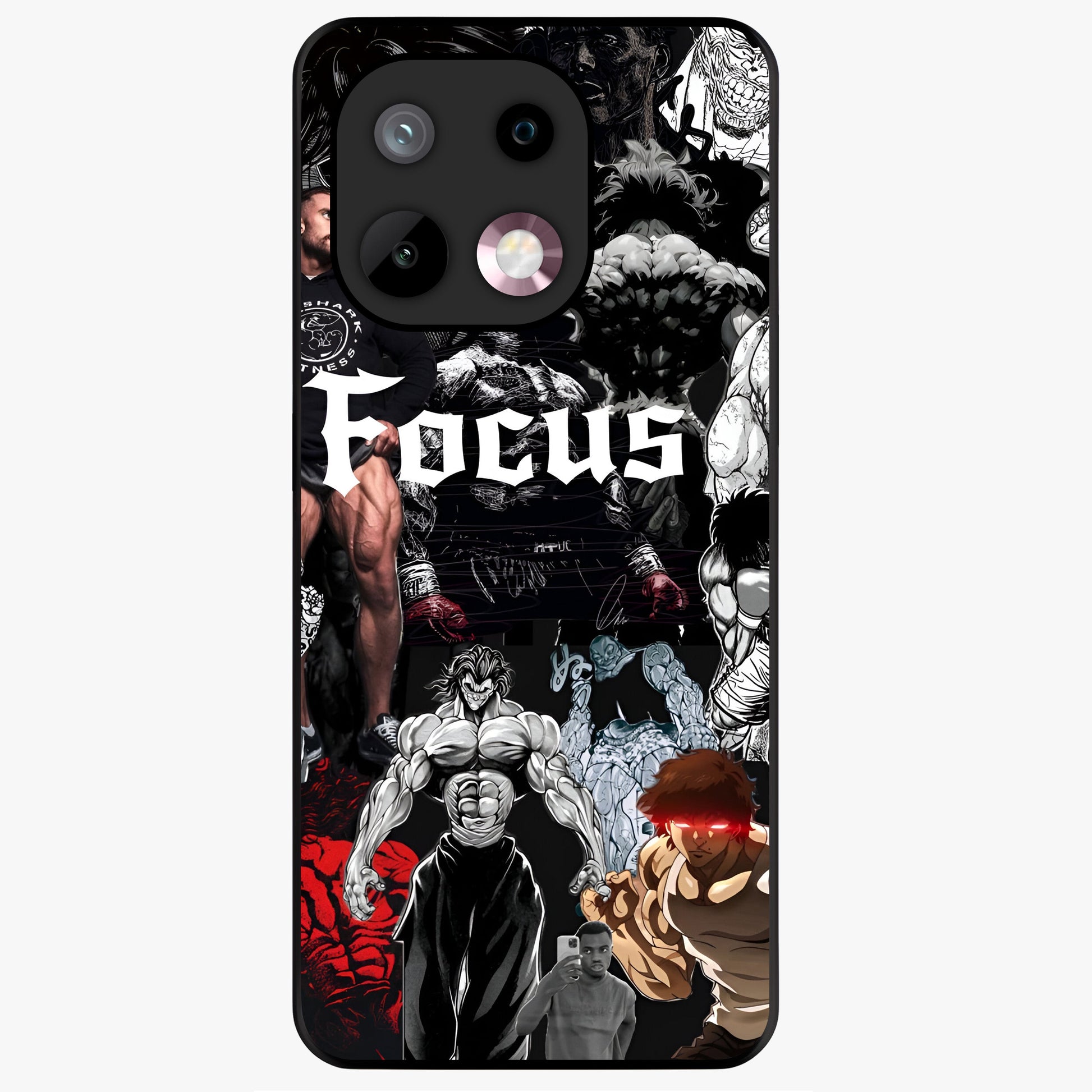 Relentless Power Focus Glass Case showing flat back view with motivational typography artwork and glossy glass finish.