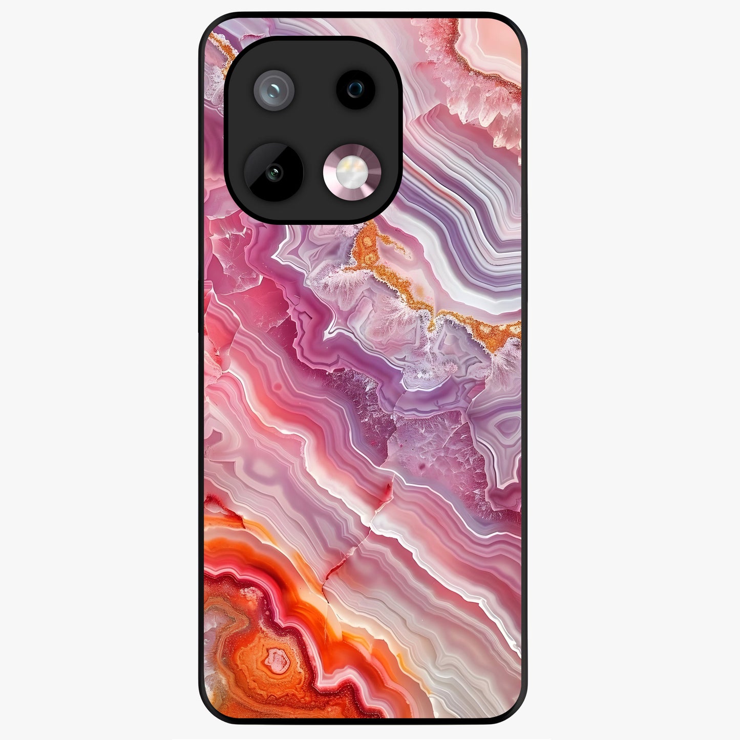 Rose Quartz Marble Glass Case showing flat back view with pink marble quartz texture artwork and glossy glass finish.