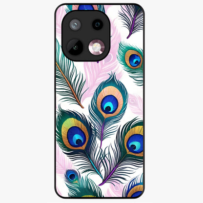 Royal Peacock Feathers Glass Case showing flat back view with colorful peacock feather artwork and glossy glass finish.
