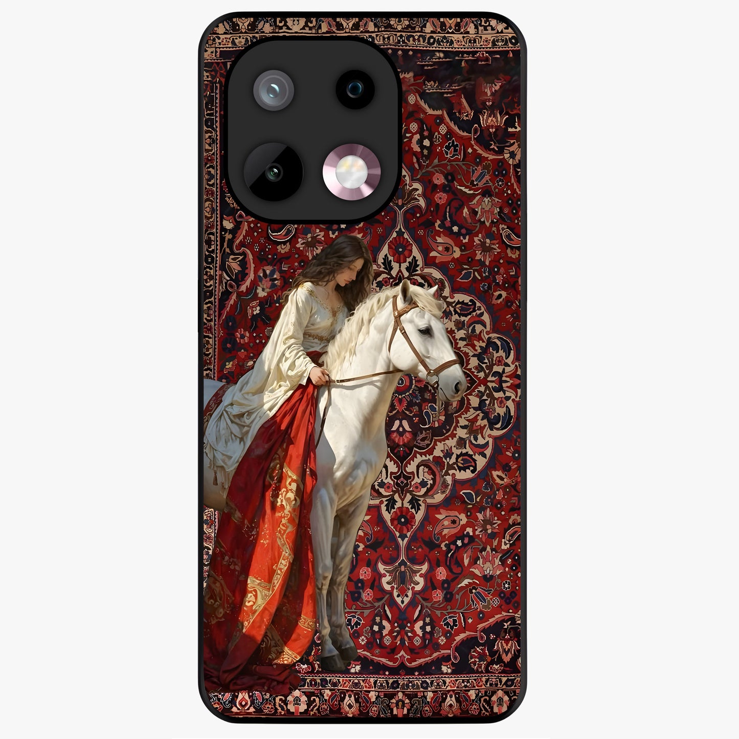 Royal Rider Tapestry Glass Case showing flat back view with majestic horse rider tapestry artwork and glossy glass finish.