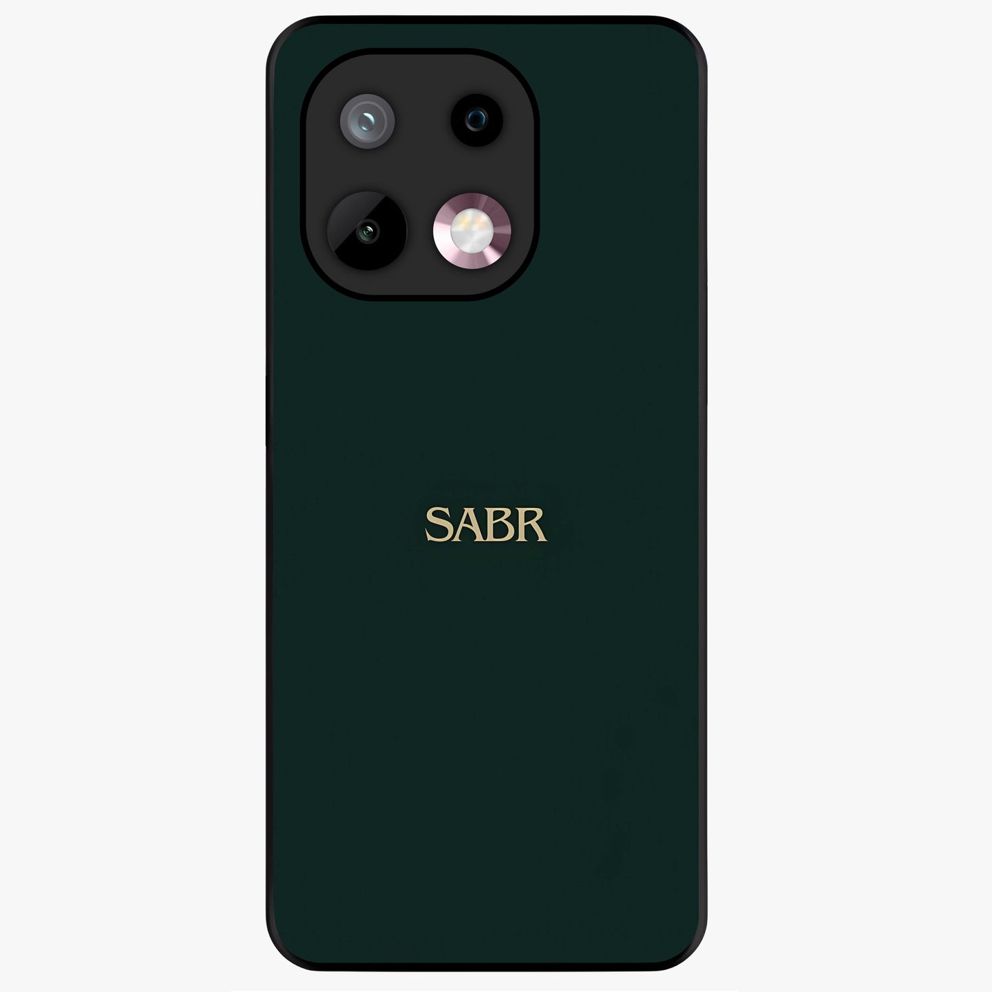 Sabr Minimal Patience Glass Case showing flat back view with minimalist typography artwork and glossy glass finish.