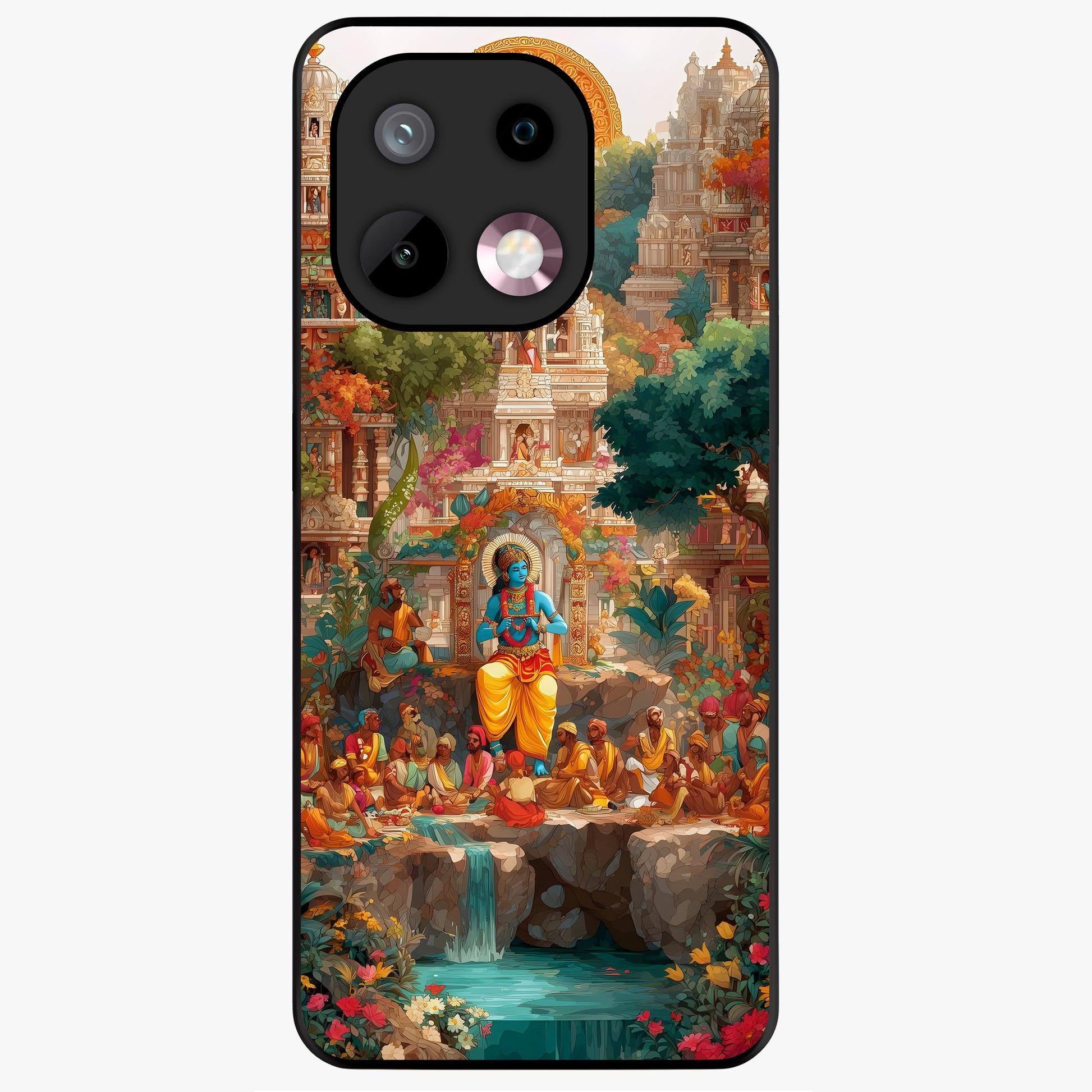 Sacred Sunlight Gods Glass Case showing flat back view with divine sunlight themed artwork and glossy glass finish.