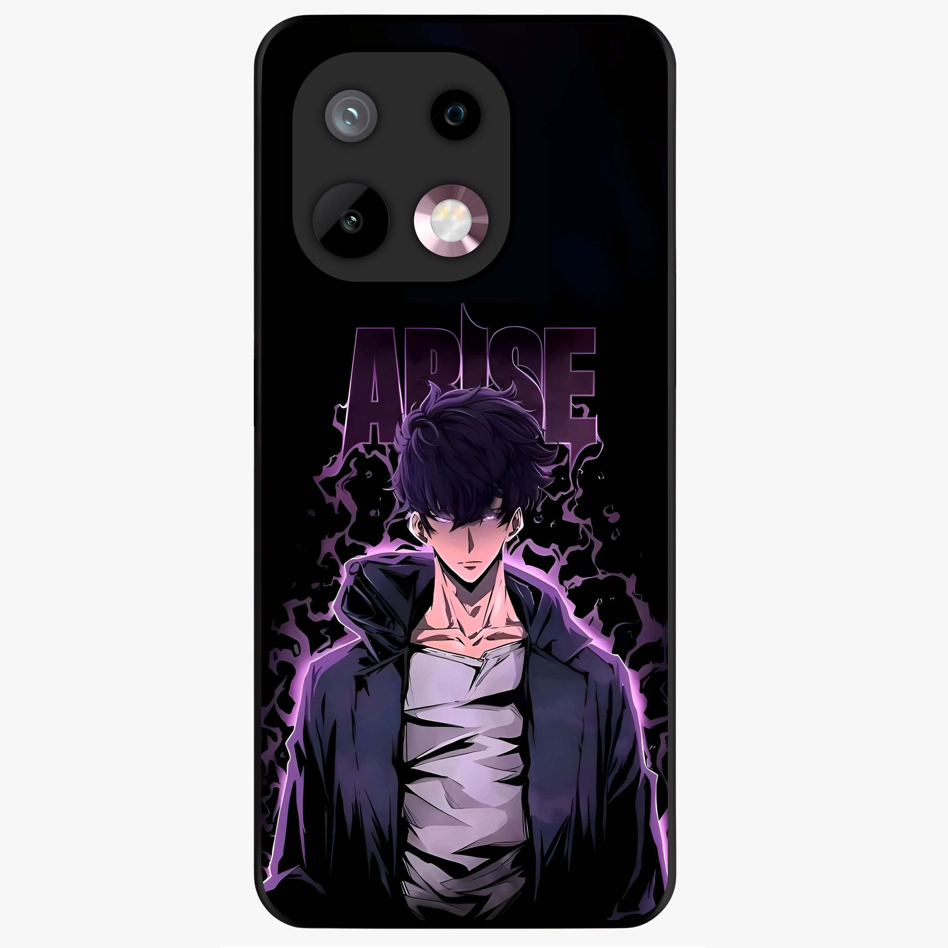 Shadow Monarch Awakening Glass Case showing flat back view with powerful dark monarch themed artwork and glossy glass finish.