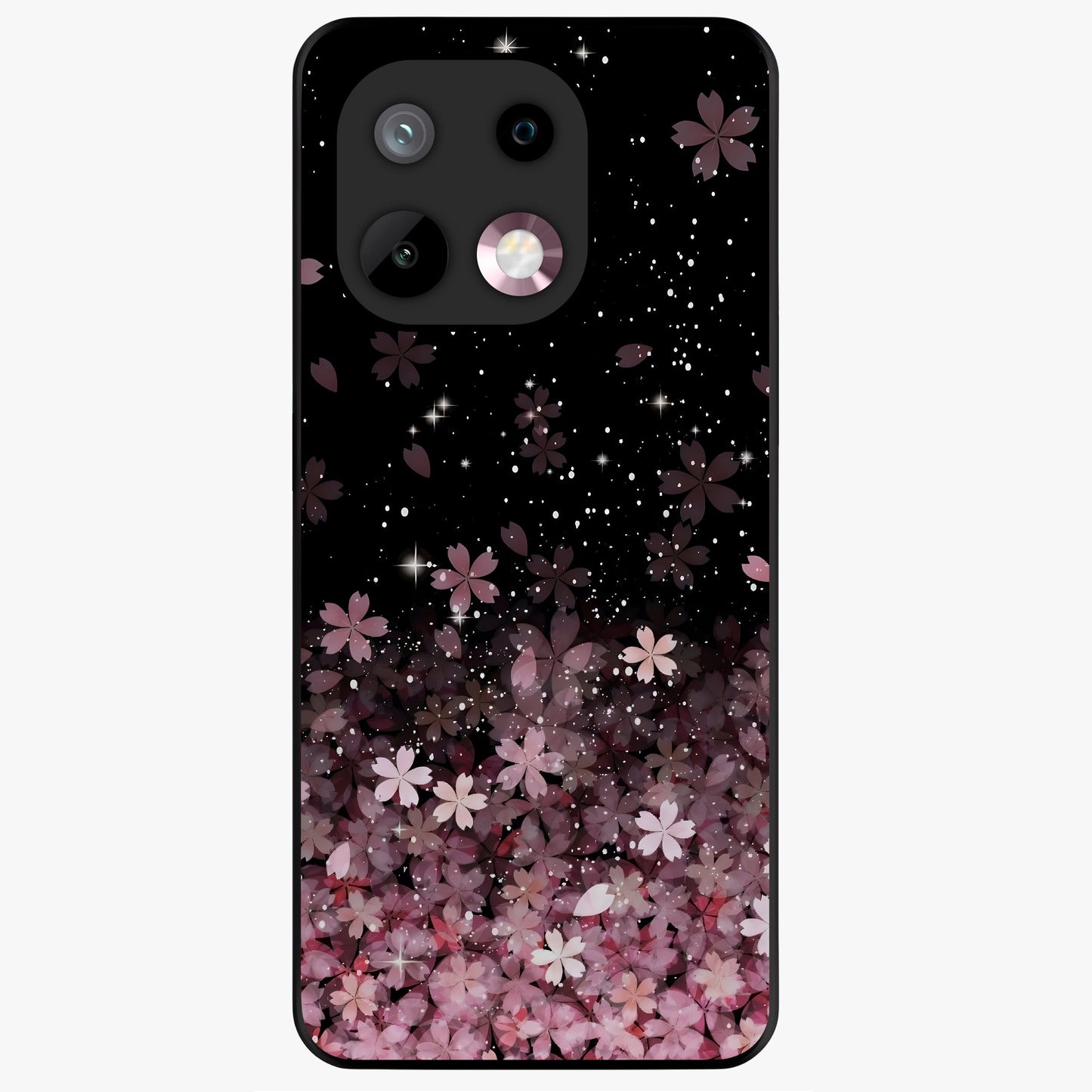 Small Starry Flowers Glass Case showing flat back view with delicate starry floral artwork and glossy glass finish.