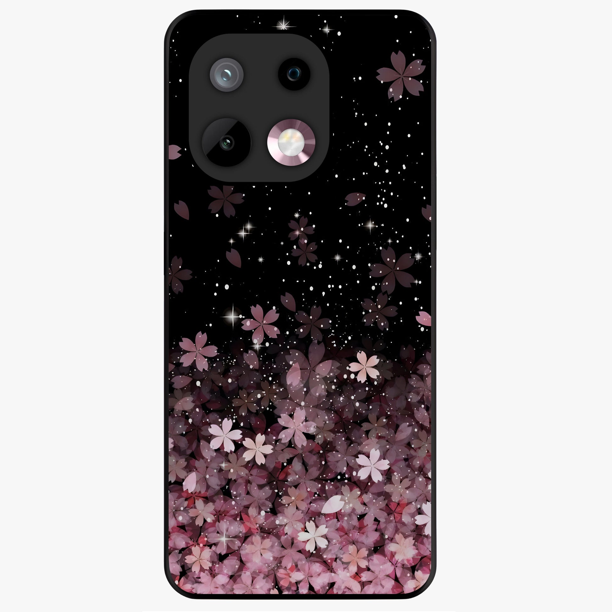 Small Starry Flowers Glass Case showing flat back view with delicate starry floral artwork and glossy glass finish.